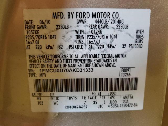 1FMCU0D70AKD31333 - 2010 FORD ESCAPE XLT CREAM photo 13