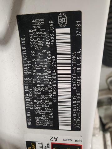 4T1BK3DB6BU412348 - 2011 TOYOTA AVALON BASE 白色 照片 12