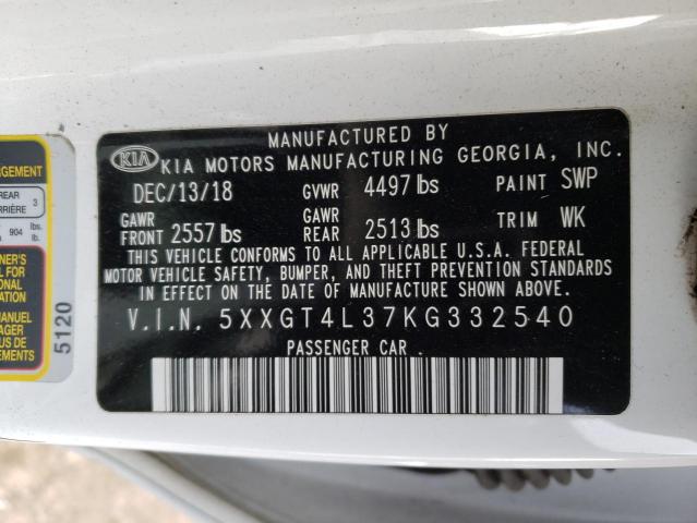 5XXGT4L37KG332540 - 2019 KIA OPTIMA LX WHITE photo 12