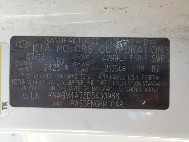 KNAGM4A75D5430988 - 2013 KIA OPTIMA LX WHITE photo 12