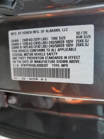 5FNYF8H56LB008397 - 2020 HONDA PASSPORT EXL GRAY photo 12