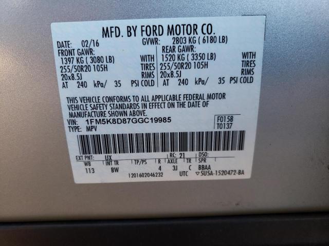 1FM5K8D87GGC19985 - 2016 FORD EXPLORER XLT SILVER photo 12