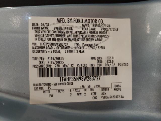 1FAHP35N98W283727 - 2008 FORD FOCUS SE BLUE photo 12