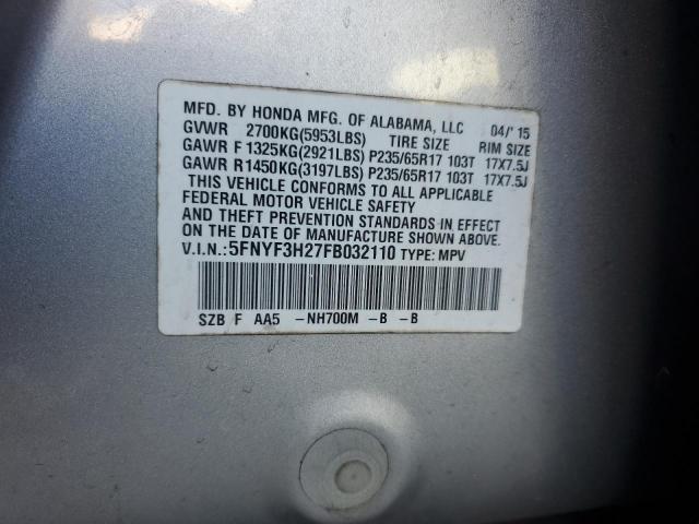 5FNYF3H27FB032110 - 2015 HONDA PILOT LX SILVER photo 13