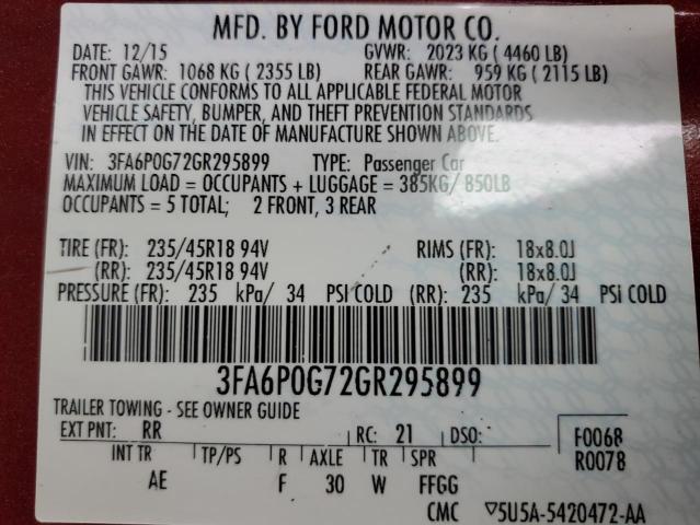 3FA6P0G72GR295899 - 2016 FORD FUSION S MAROON photo 12