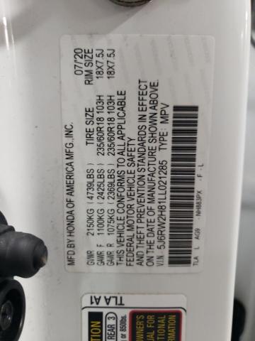 5J6RW2H81LL021285 - 2020 HONDA CR-V EXL WHITE photo 12