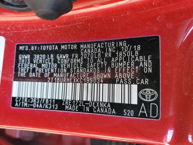 2T1BURHEXKC195034 - 2019 TOYOTA COROLLA L RED photo 13