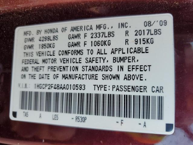 1HGCP2F48AA010593 - 2010 HONDA ACCORD LXP BURGUNDY photo 12