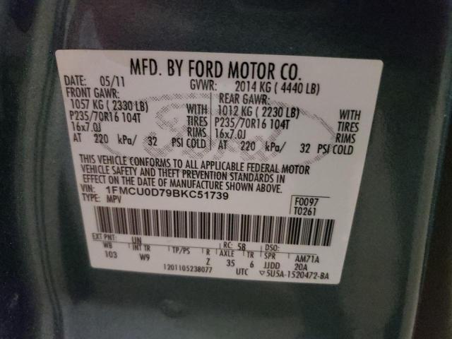 1FMCU0D79BKC51739 - 2011 FORD ESCAPE XLT BLUE photo 12