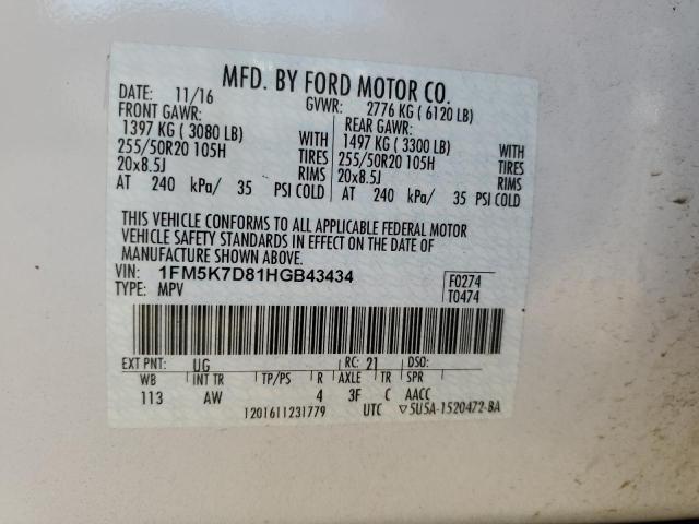 1FM5K7D81HGB43434 - 2017 FORD EXPLORER XLT WHITE photo 13