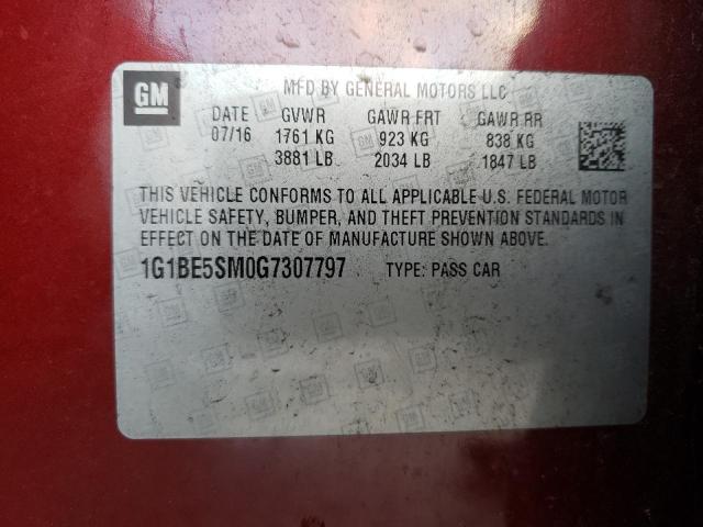 1G1BE5SM0G7307797 - 2016 CHEVROLET CRUZE LT RED photo 12