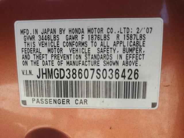 JHMGD38607S036426 - 2007 HONDA FIT S ORANGE photo 12