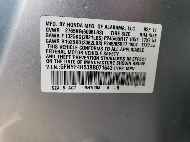 5FNYF4H53BB071643 - 2011 HONDA PILOT EXL SILVER photo 13