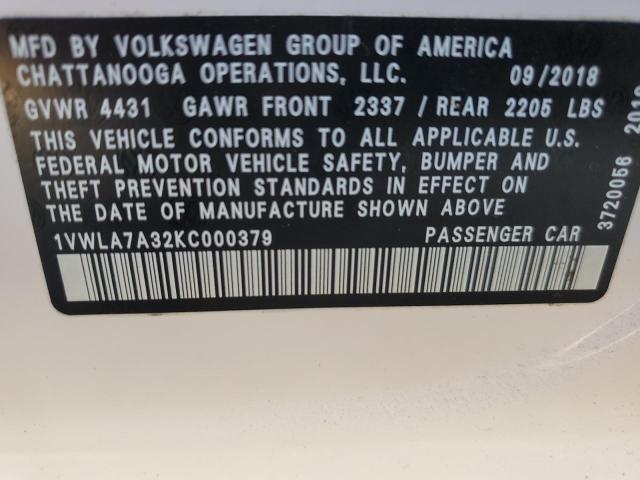 1VWLA7A32KC000379 - 2019 VOLKSWAGEN PASSAT WOLFSBURG WHITE photo 13
