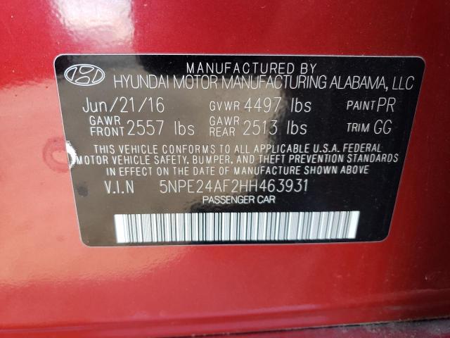 5NPE24AF2HH463931 - 2017 HYUNDAI SONATA SE RED photo 12