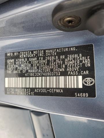 4T1BE32K74U903752 - 2004 TOYOTA CAMRY LE BLUE photo 12