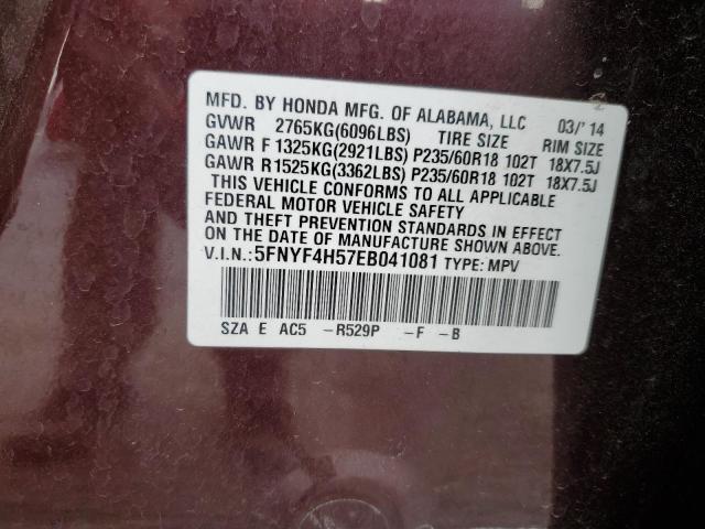 5FNYF4H57EB041081 - 2014 HONDA PILOT EXL MAROON photo 13