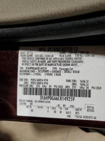 3FAHP0GA6CR149259 - 2012 FORD FUSION S MAROON photo 12