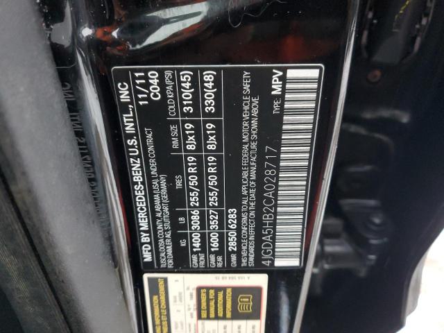 4JGDA5HB2CA028717 - 2012 MERCEDES-BENZ ML 350 4MATIC BLACK photo 13