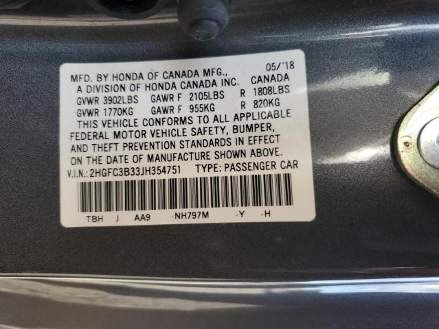 2HGFC3B33JH354751 - 2018 HONDA CIVIC EX GRAY photo 12