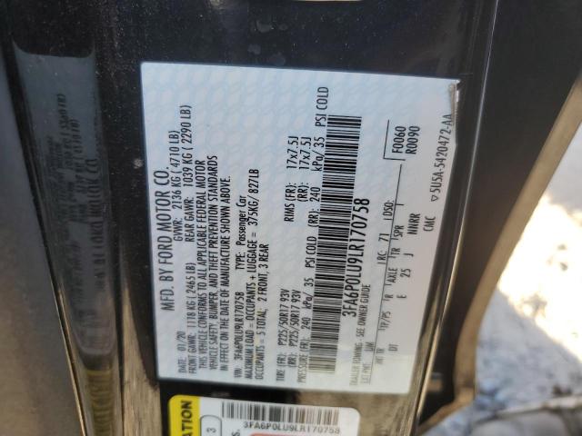 3FA6P0LU9LR170758 - 2020 FORD FUSION SE BLACK photo 12