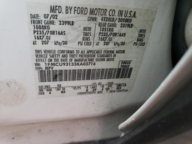 1FMCU93133KA03716 - 2003 FORD ESCAPE XLT WHITE photo 13