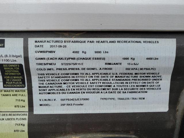 5SFPB3423JE370060 - 2018 HEART LAND PROWLER 银色 照片 10