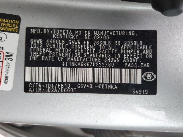 4T1BK46K67U522780 - 2007 TOYOTA CAMRY LE SILVER photo 12