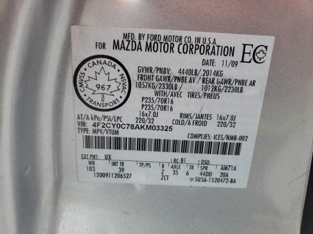 4F2CY0C78AKM03325 - 2010 MAZDA TRIBUTE I SILVER photo 13