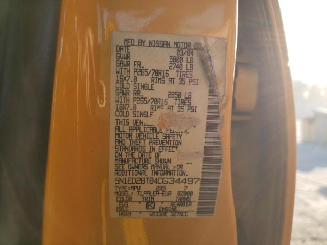 5N1ED28T84C634497 - 2004 NISSAN XTERRA XE YELLOW photo 13