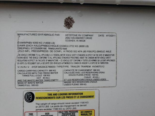 4YDF34520CE760033 - 2012 KEYSTONE AVALANCHE თეთრი ფოტო 10