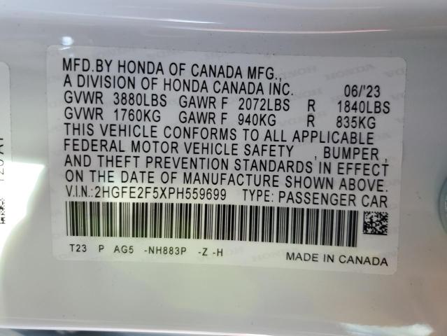 2HGFE2F5XPH559699 - 2023 HONDA CIVIC SPORT 白色 照片 12