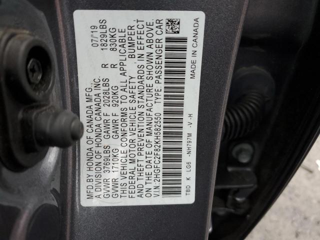 2HGFC2F82KH582550 - 2019 HONDA CIVIC SPORT CHARCOAL photo 12