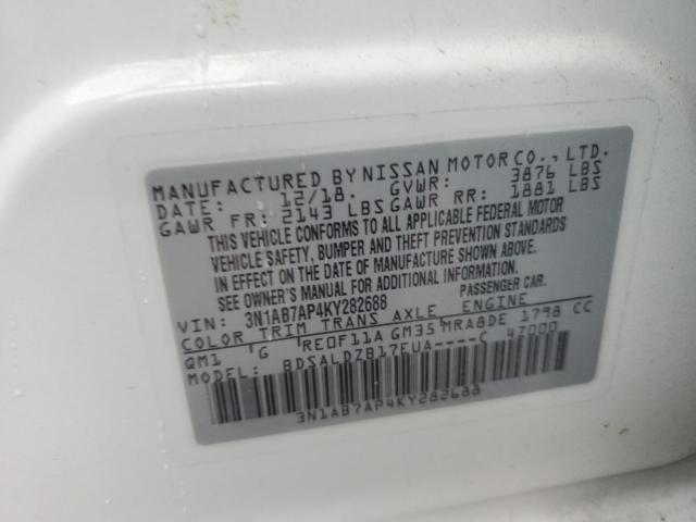 3N1AB7AP4KY282688 - 2019 NISSAN SENTRA S WHITE photo 12