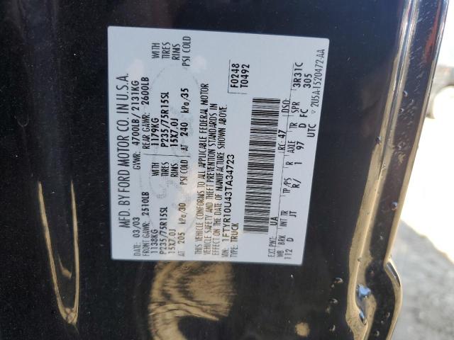 1FTYR10U43TA34723 - 2003 FORD RANGER BLACK photo 12