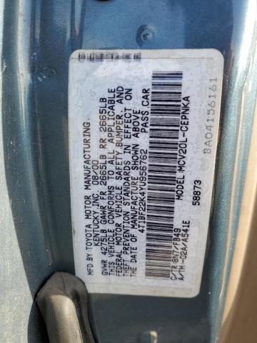 4T1BF22K4YU956762 - 2000 TOYOTA CAMRY LE TEAL photo 13