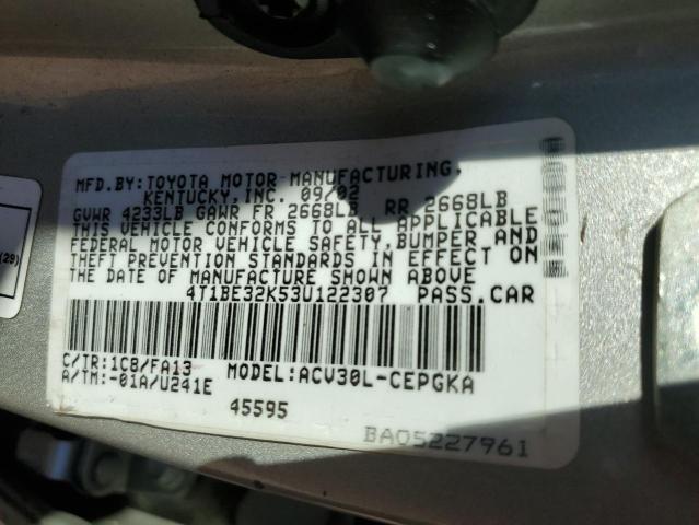 4T1BE32K53U122307 - 2003 TOYOTA CAMRY LE GRAY photo 12