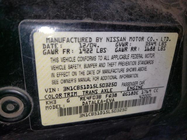 3N1CB51D15L503250 - 2005 NISSAN SENTRA 1.8 BLACK photo 12