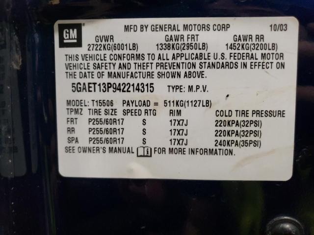 5GAET13P942214315 - 2004 BUICK RAINIER CXL BLUE photo 12