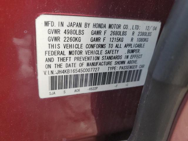 JH4KB16545C007727 - 2005 ACURA RL BURGUNDY photo 12