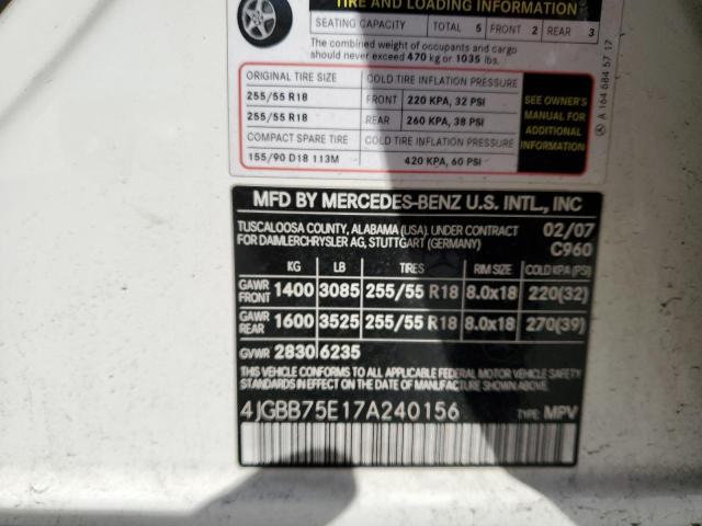 4JGBB75E17A240156 - 2007 MERCEDES-BENZ ML 500 WHITE photo 13