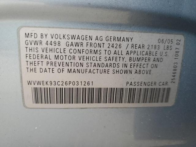 WVWEK93C26P031261 - 2006 VOLKSWAGEN PASSAT 2.0T LUXURY BLUE photo 12