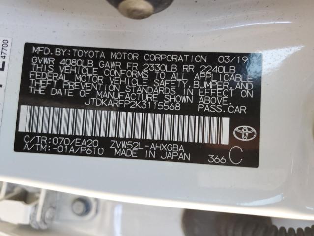 JTDKARFP2K3115568 - 2019 TOYOTA PRIUS PRIM WHITE photo 12