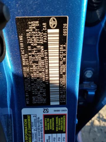 4T1B11HK4KU258191 - 2019 TOYOTA CAMRY L BLUE photo 12