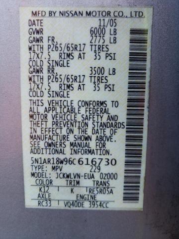 5N1AR18W96C616730 - 2006 NISSAN PATHFINDER LE SILVER photo 13