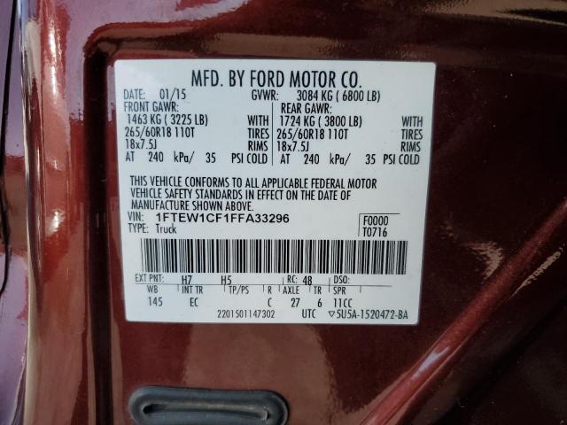 1FTEW1CF1FFA33296 - 2015 FORD F150 SUPERCREW MAROON photo 12