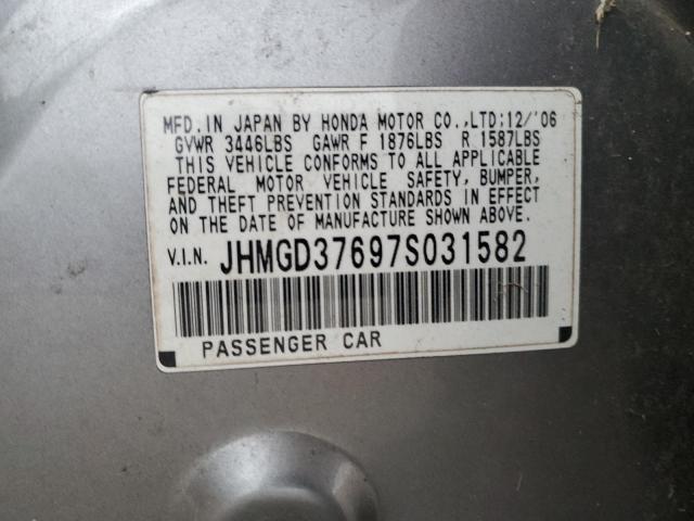 JHMGD37697S031582 - 2007 HONDA FIT S ვერცხლისფერი ფოტო 12