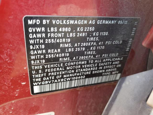 WVGBV7AX9CW100402 - 2012 VOLKSWAGEN TIGUAN S RED photo 13