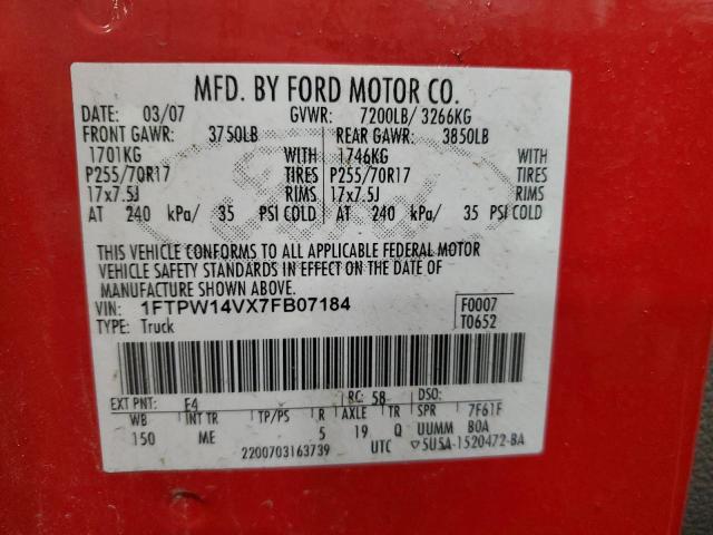 1FTPW14VX7FB07184 - 2007 FORD F150 SUPERCREW RED photo 12