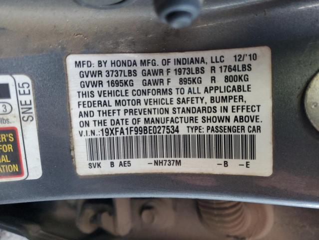 19XFA1F99BE027534 - 2011 HONDA CIVIC EXL ნაცრისფერი ფოტო 12